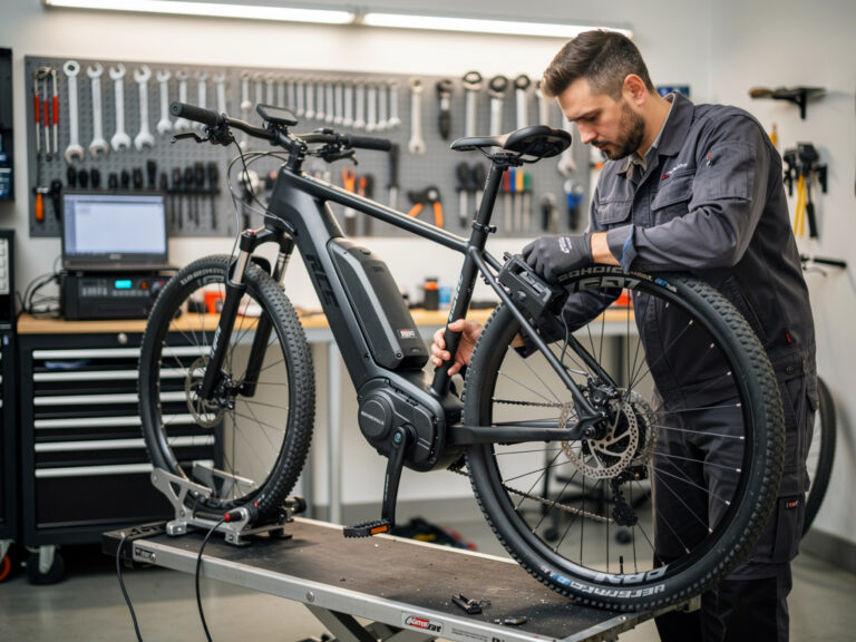 Mężczyzna naprawia rower elektryczny.