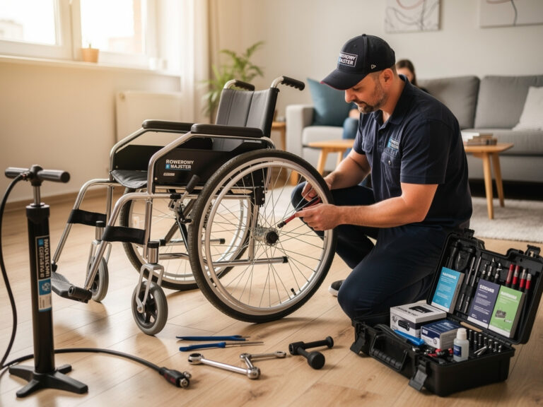 Mechanik wymieniający dętkę w wózku inwalidzkim w domu klienta